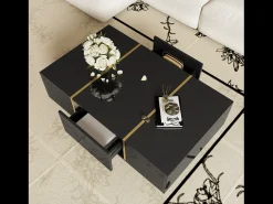 Mesa de centro negra con 2 cajones de almacenamiento y patas doradas - para salón y oficina