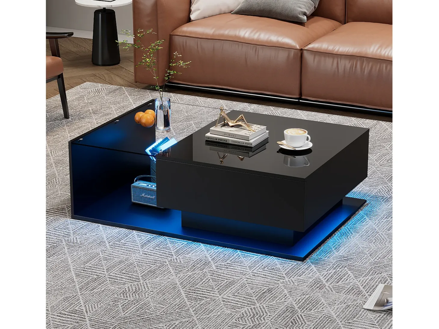Mesa de centro negra de 100 x 50 cm con LED, cajón y tablero de cristal - para salón y oficina