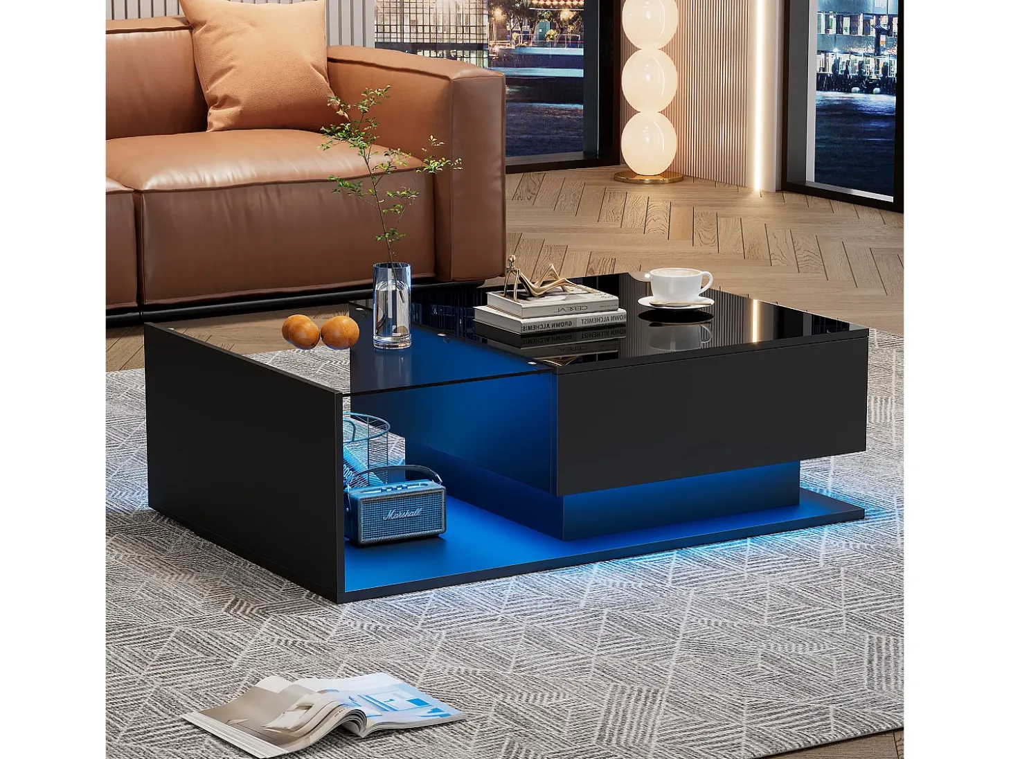 Mesa de centro negra de 100 x 50 cm con LED, cajón y tablero de cristal - para salón y oficina