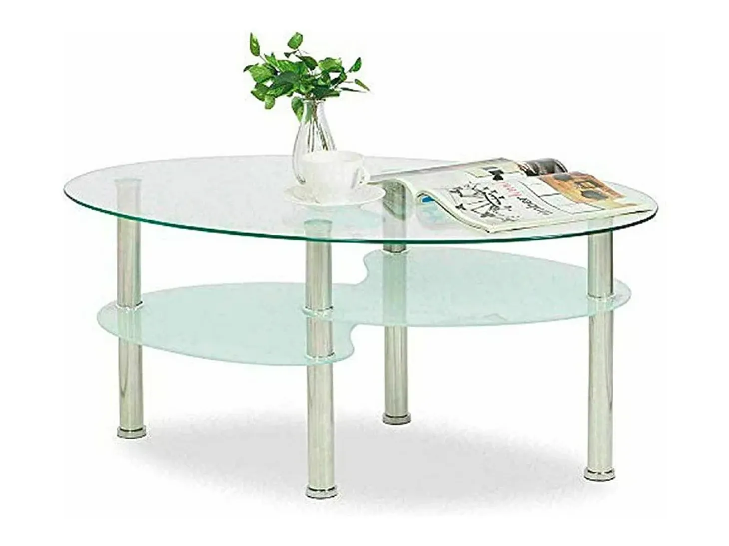 Mesa de centro ovalada de 90x55x43 cm sobre de cristal y revistero translúcido Denise