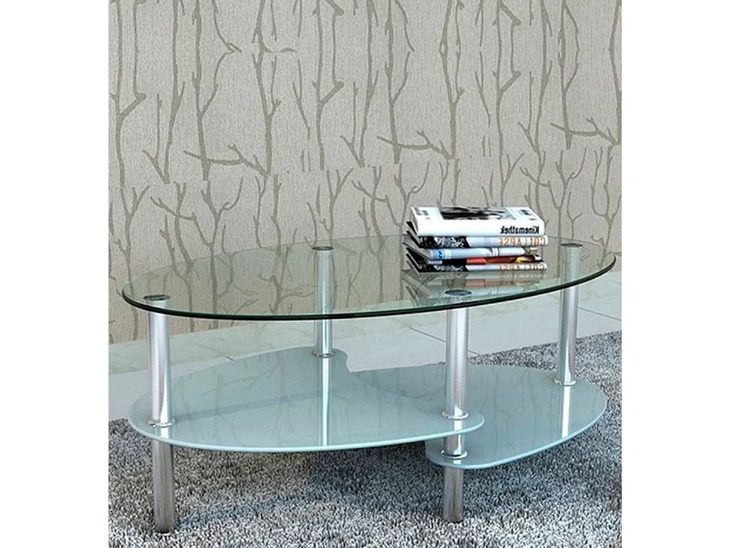 Mesa de centro ovalada de 90x55x43 cm sobre de cristal y revistero translúcido Denise
