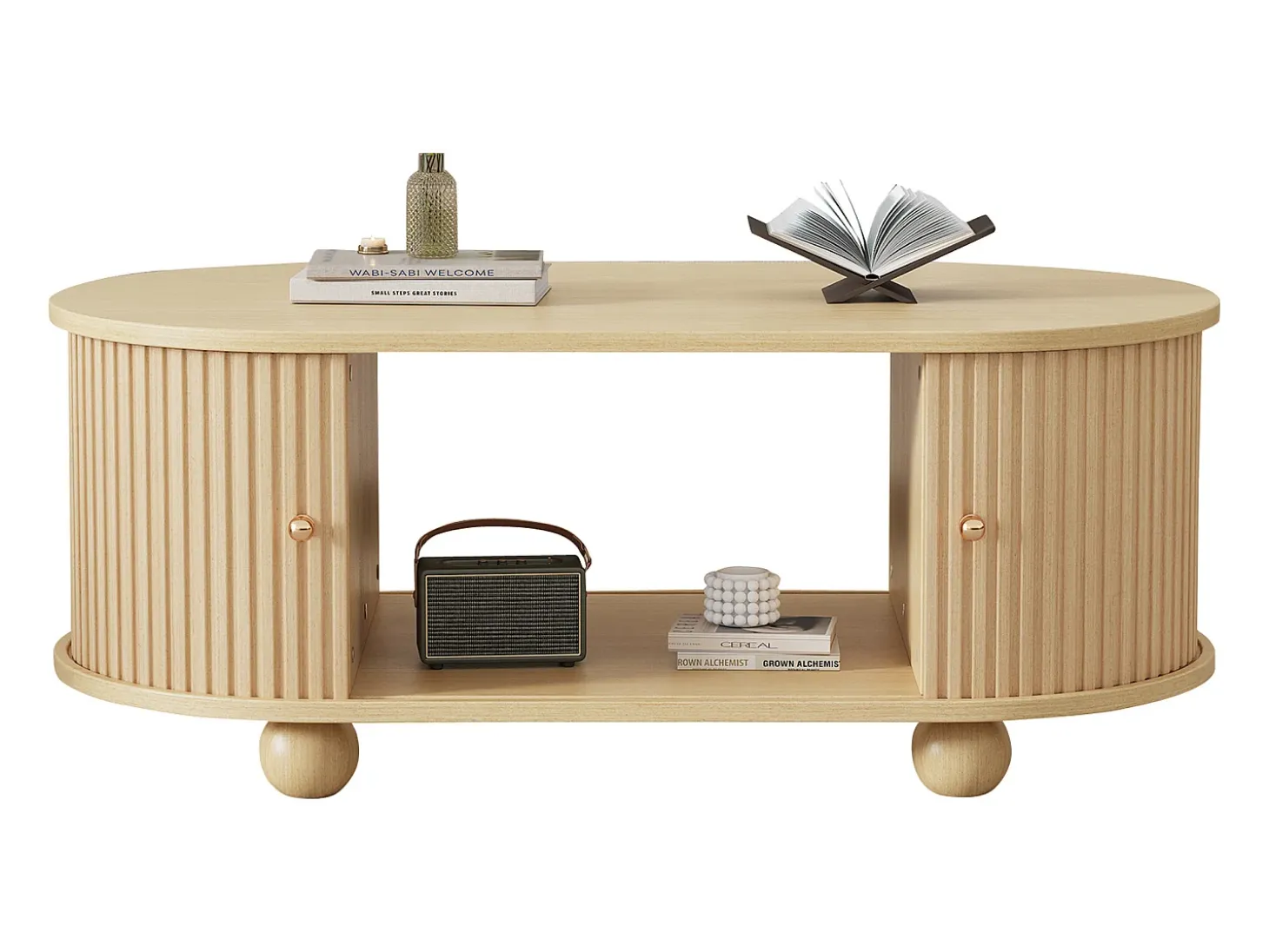 Mesa de centro ovalada de madera clara - Mesa de centro con 2 puertas correderas y 4 patas redondas - con almacenaje