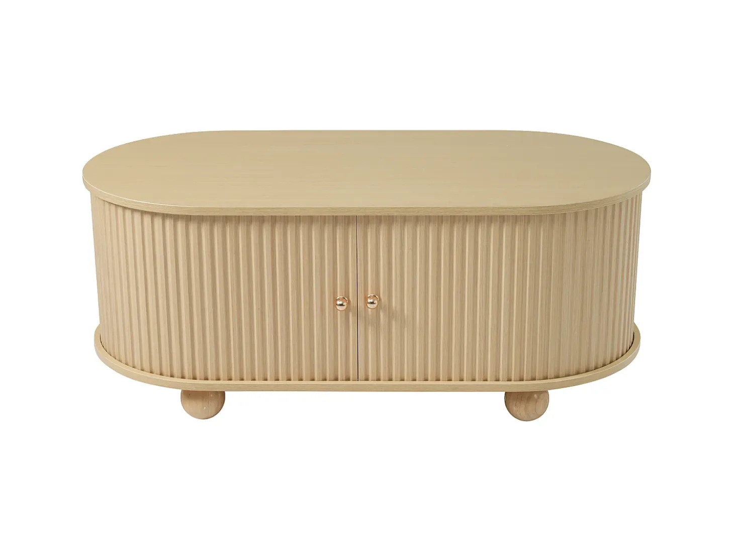 Mesa de centro ovalada de madera clara - Mesa de centro con 2 puertas correderas y 4 patas redondas - con almacenaje