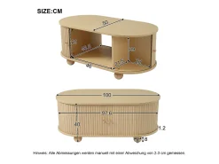 Mesa de centro ovalada de madera clara - Mesa de centro con 2 puertas correderas y 4 patas redondas - con almacenaje