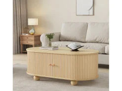 Mesa de centro ovalada de madera clara - Mesa de centro con 2 puertas correderas y 4 patas redondas - con almacenaje
