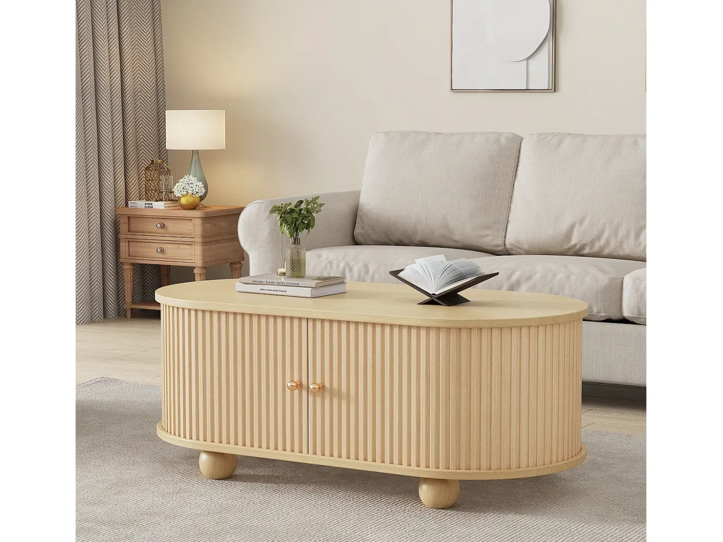 Mesa de centro ovalada de madera clara - Mesa de centro con 2 puertas correderas y 4 patas redondas - con almacenaje