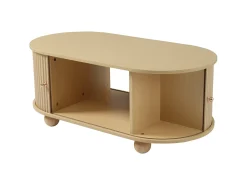 Mesa de centro ovalada de madera clara - Mesa de centro con 2 puertas correderas y 4 patas redondas - con almacenaje