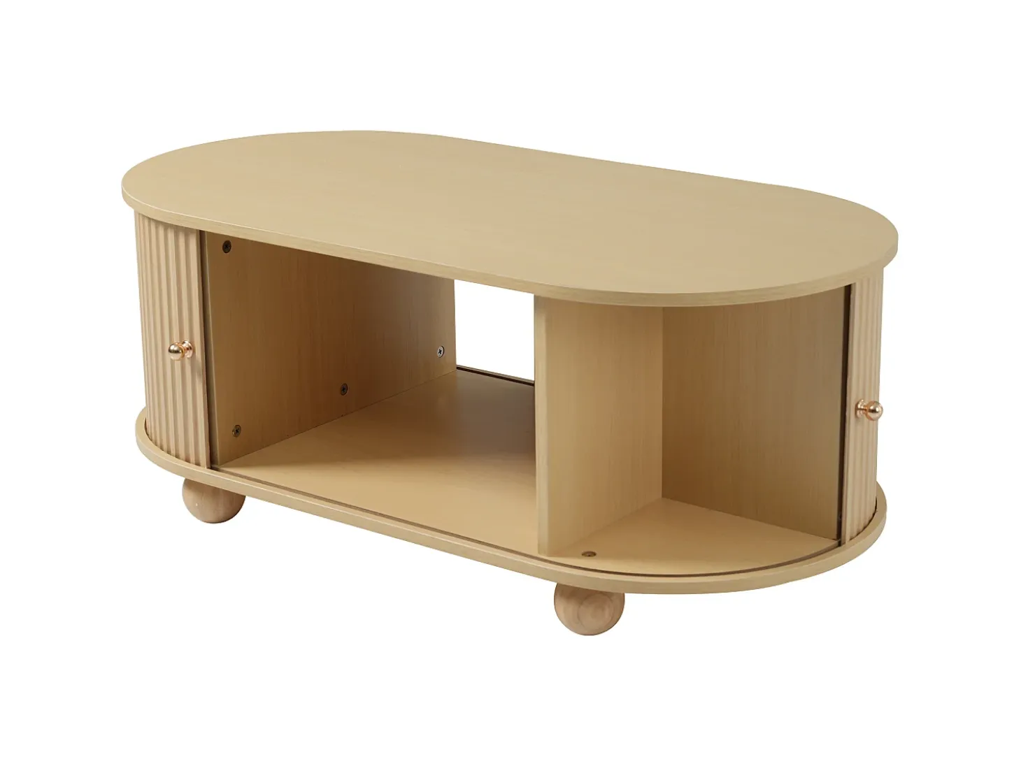 Mesa de centro ovalada de madera clara - Mesa de centro con 2 puertas correderas y 4 patas redondas - con almacenaje