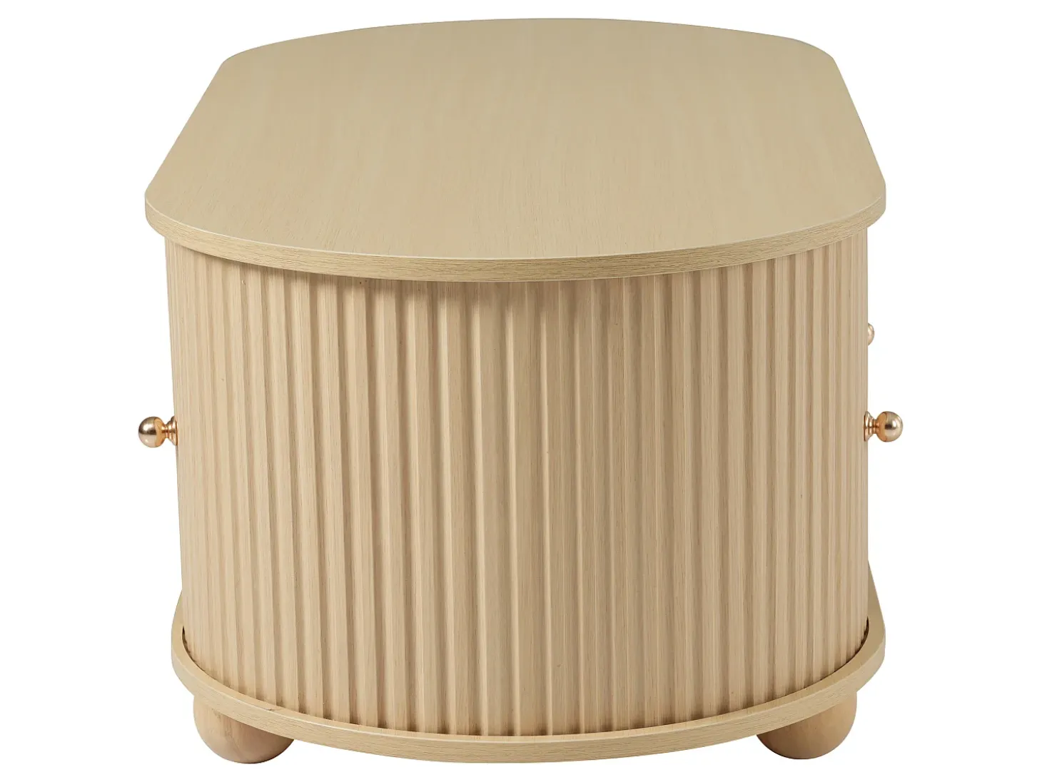 Mesa de centro ovalada de madera clara - Mesa de centro con 2 puertas correderas y 4 patas redondas - con almacenaje