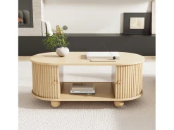 Mesa de centro ovalada de madera clara - Mesa de centro con 2 puertas correderas y 4 patas redondas - con almacenaje