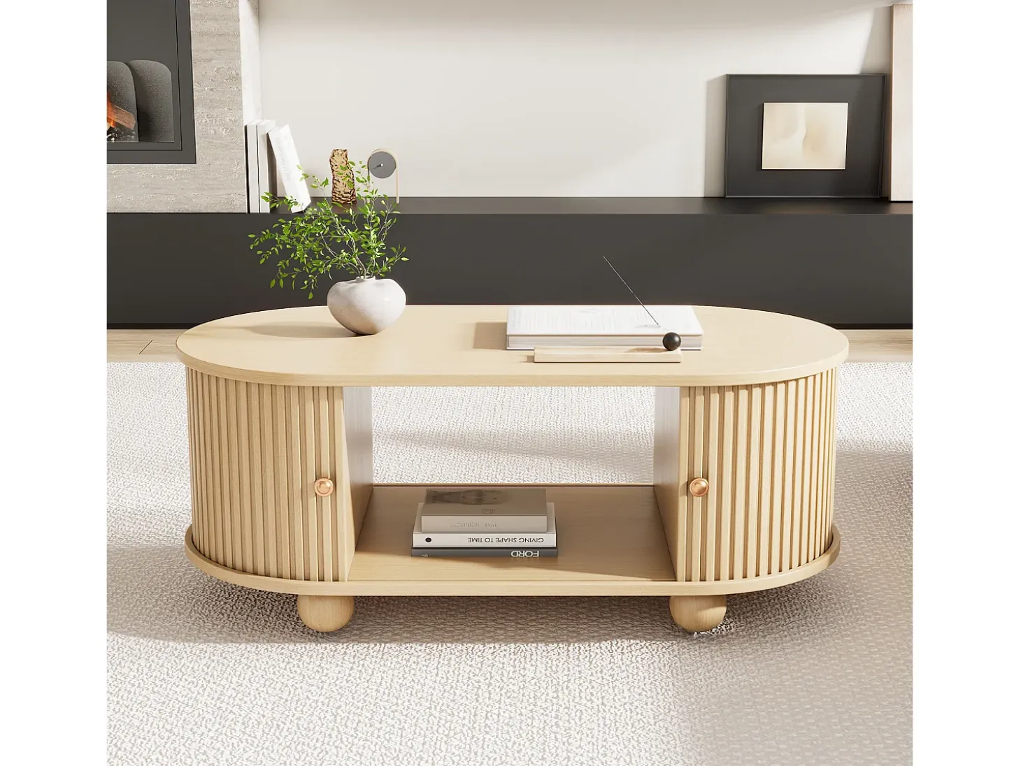 Mesa de centro ovalada de madera clara - Mesa de centro con 2 puertas correderas y 4 patas redondas - con almacenaje