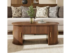 Mesa de centro ovalada elevable 100x50x40,5 cm - Estantes abiertos y almacenamiento oculto - 2 puertas correderas - MDF - Marrón