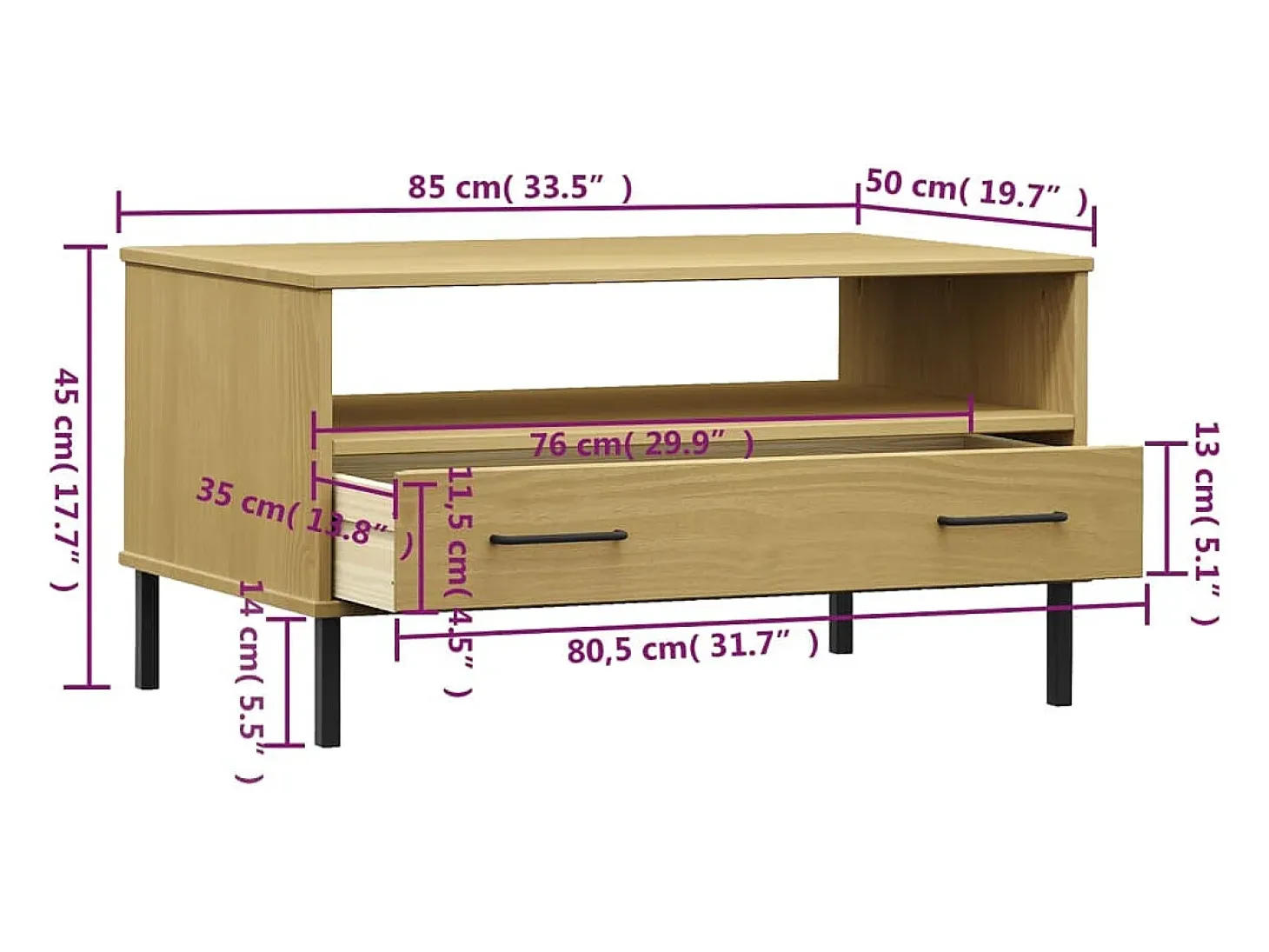 Mesa de centro patas metal OSLO madera maciza marrón 85x50x45cm