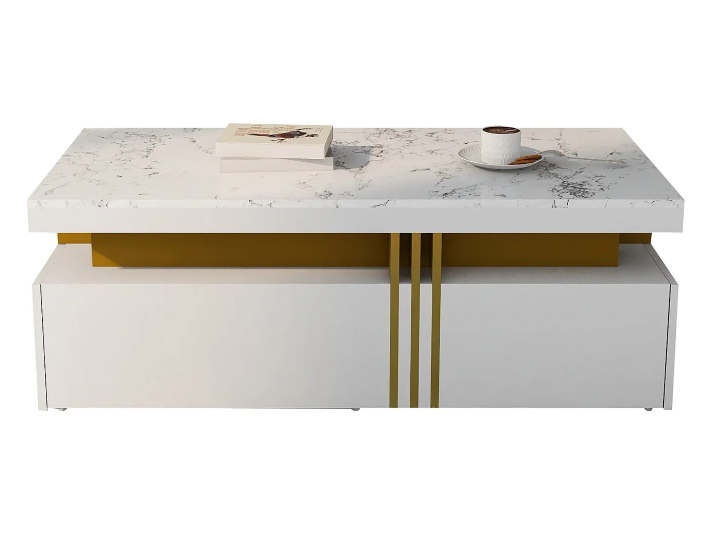 Mesa de centro rectangular con 2 cajones - 100x50x40 cm - tablero de partículas - tapa de mármol, para salón - blanco