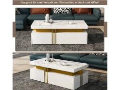 Mesa de centro rectangular con 2 cajones - 100x50x40 cm - tablero de partículas - tapa de mármol, para salón - blanco