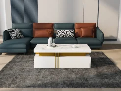 Mesa de centro rectangular con 2 cajones - 100x50x40 cm - tablero de partículas - tapa de mármol, para salón - blanco