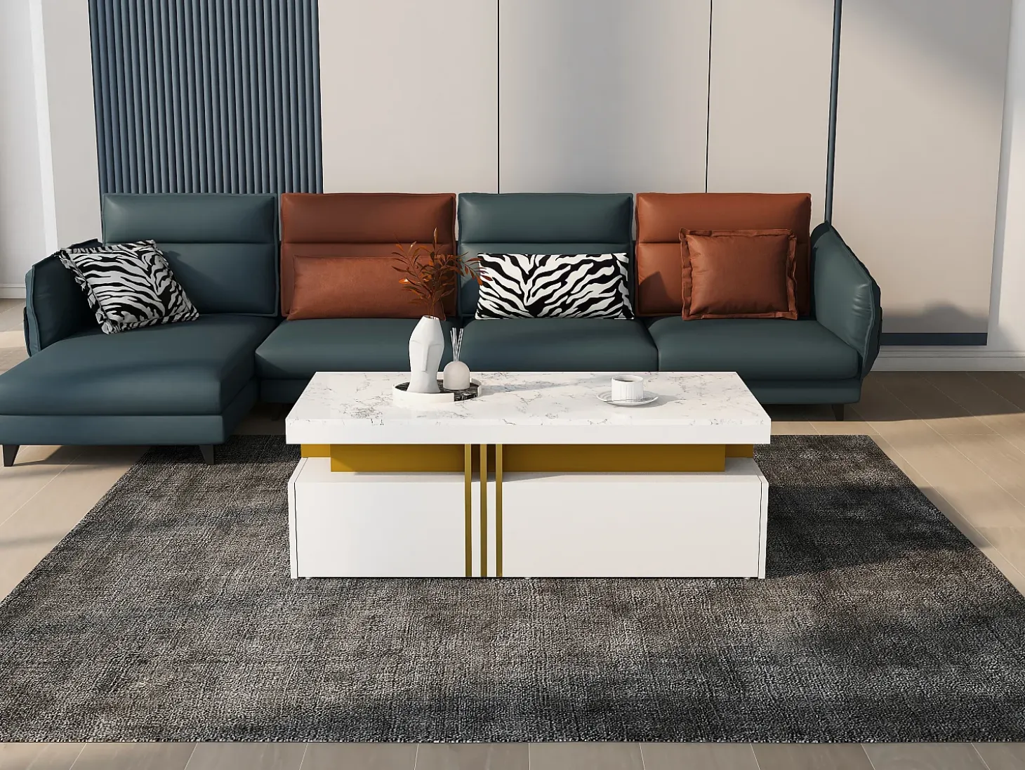Mesa de centro rectangular con 2 cajones - 100x50x40 cm - tablero de partículas - tapa de mármol, para salón - blanco