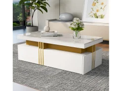 Mesa de centro rectangular - Mesa de centro con 2 cajones y superficie brillante - superficie de mármol blanco - para sala de estar