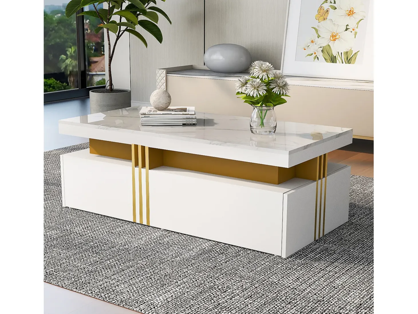 Mesa de centro rectangular - Mesa de centro con 2 cajones y superficie brillante - superficie de mármol blanco - para sala de estar