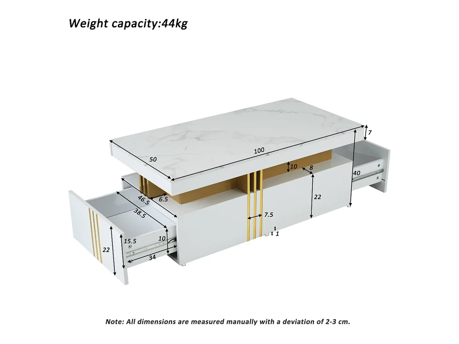 Mesa de centro rectangular - Mesa de centro con 2 cajones y superficie brillante - superficie de mármol blanco - para sala de estar