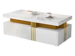 Mesa de centro rectangular - Mesa de centro con 2 cajones y superficie brillante - superficie de mármol blanco - para sala de estar
