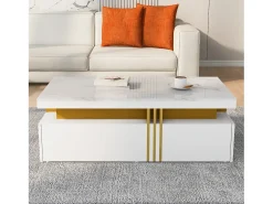 Mesa de centro rectangular - Mesa de centro con 2 cajones y superficie brillante - superficie de mármol blanco - para sala de estar