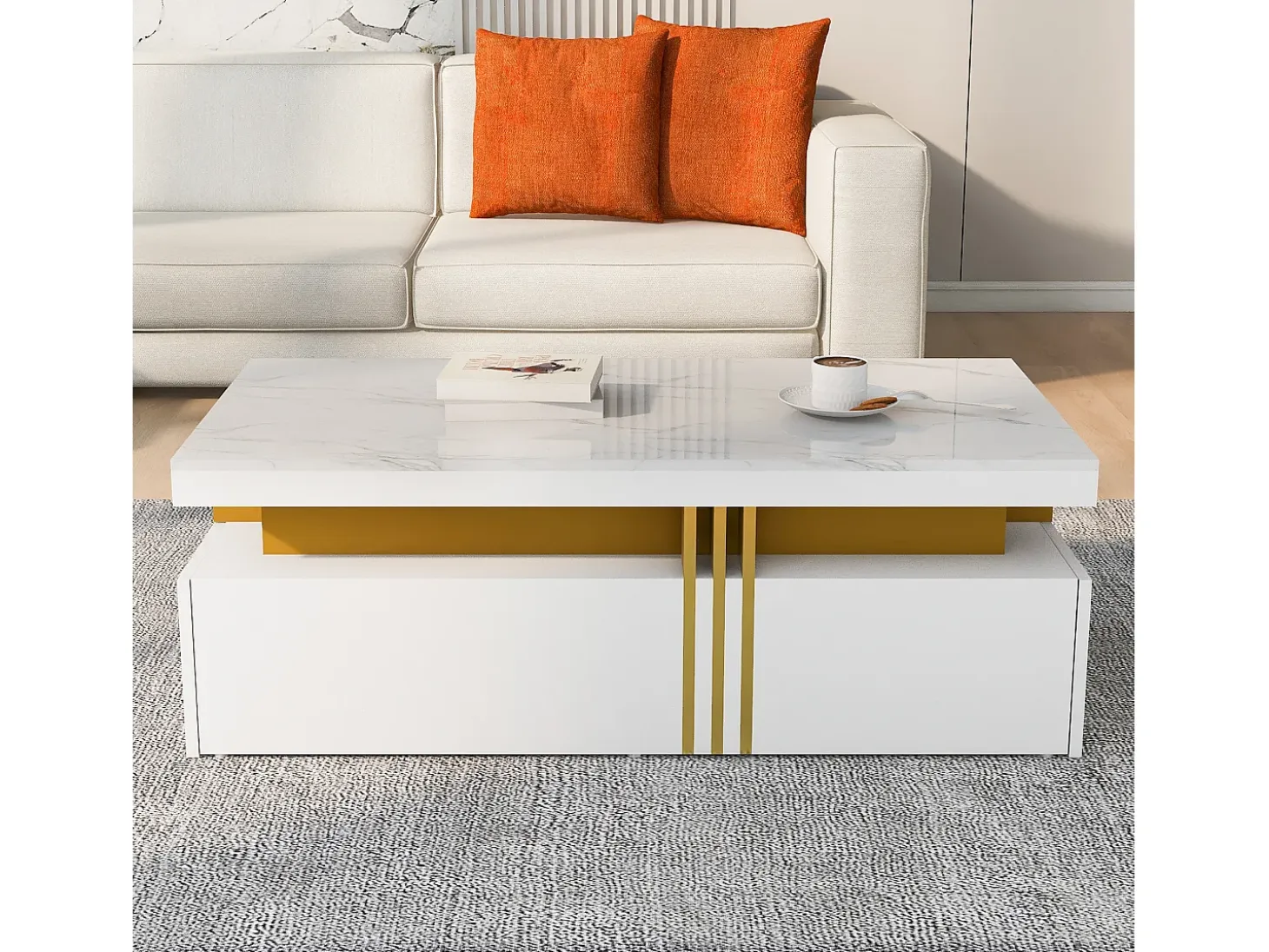 Mesa de centro rectangular - Mesa de centro con 2 cajones y superficie brillante - superficie de mármol blanco - para sala de estar
