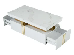 Mesa de centro rectangular - Mesa de centro con 2 cajones y superficie brillante - superficie de mármol blanco - para sala de estar