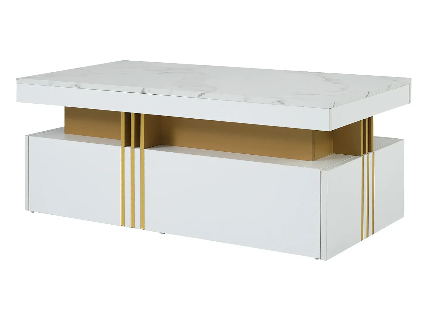 Mesa de centro rectangular - Mesa de centro con 2 cajones y superficie brillante - superficie de mármol blanco - para sala de estar