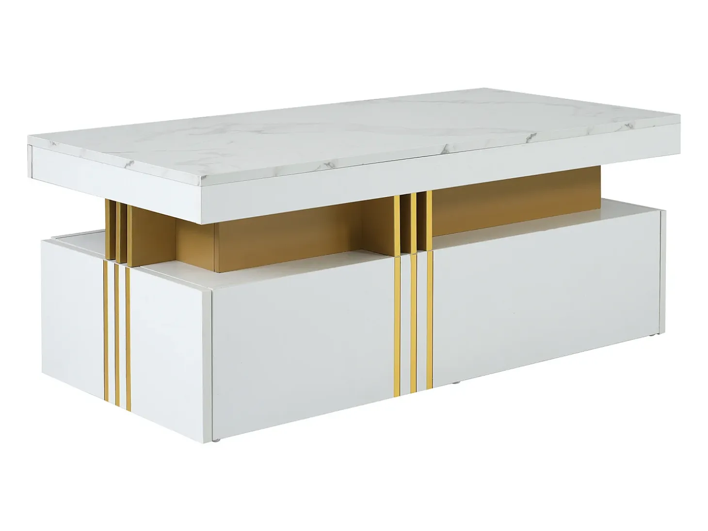 Mesa de centro rectangular - Mesa de centro con 2 cajones y superficie brillante - superficie de mármol blanco - para sala de estar