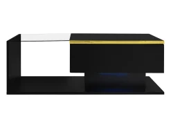 Mesa de centro rectangular 90x50x32,5cm con compartimento de almacenaje, cuerpo negro y tapa de cristal, LED incluido
