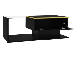 Mesa de centro rectangular 90x50x32,5cm con compartimento de almacenaje, cuerpo negro y tapa de cristal, LED incluido