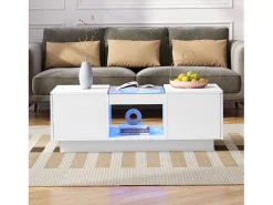 Mesa de centro rectangular 100x50x35,5cm con 2 cajones laterales y tapa de cristal, LED, color blanco
