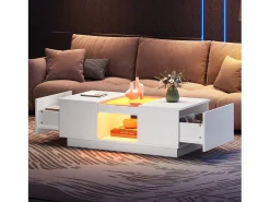Mesa de centro rectangular 100x50x35,5cm con 2 cajones laterales y tapa de cristal, LED, color blanco