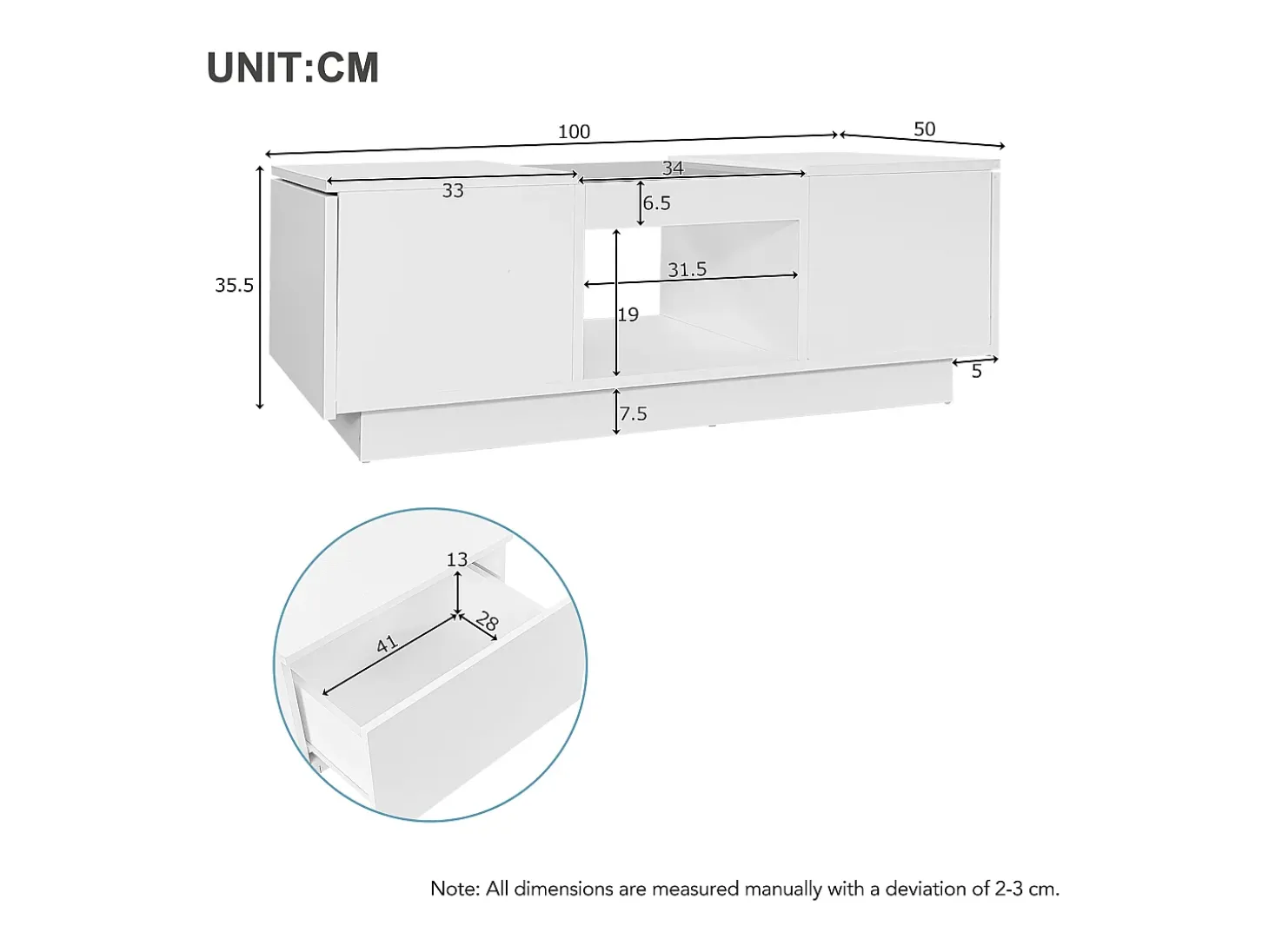 Mesa de centro rectangular 100x50x35,5cm con 2 cajones laterales y tapa de cristal, LED, color blanco