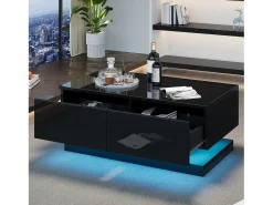 Mesa de centro rectangular 90x50x38cm con 2 cajones, LED incluido, cuerpo en lacado negro brillo