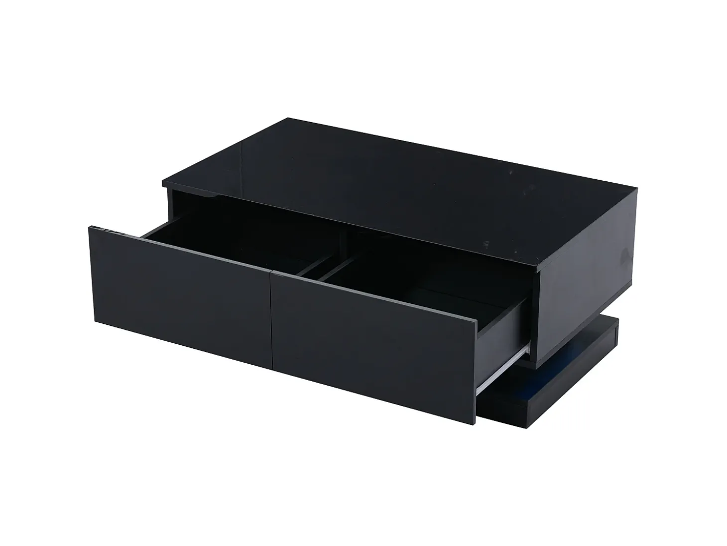 Mesa de centro rectangular 90x50x38cm con 2 cajones, LED incluido, cuerpo en lacado negro brillo