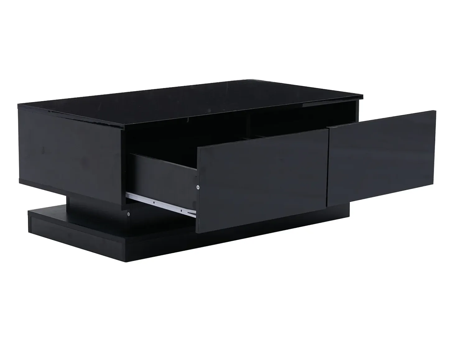 Mesa de centro rectangular 90x50x38cm con 2 cajones, LED incluido, cuerpo en lacado negro brillo