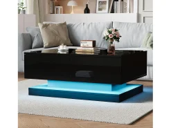 Mesa de centro rectangular 90x50x38cm con 2 cajones, LED incluido, cuerpo en lacado negro brillo