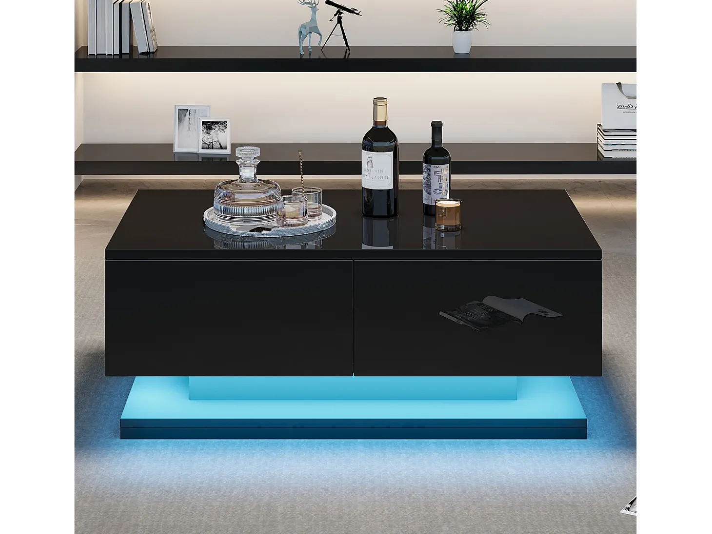 Mesa de centro rectangular 90x50x38cm con 2 cajones, LED incluido, cuerpo en lacado negro brillo