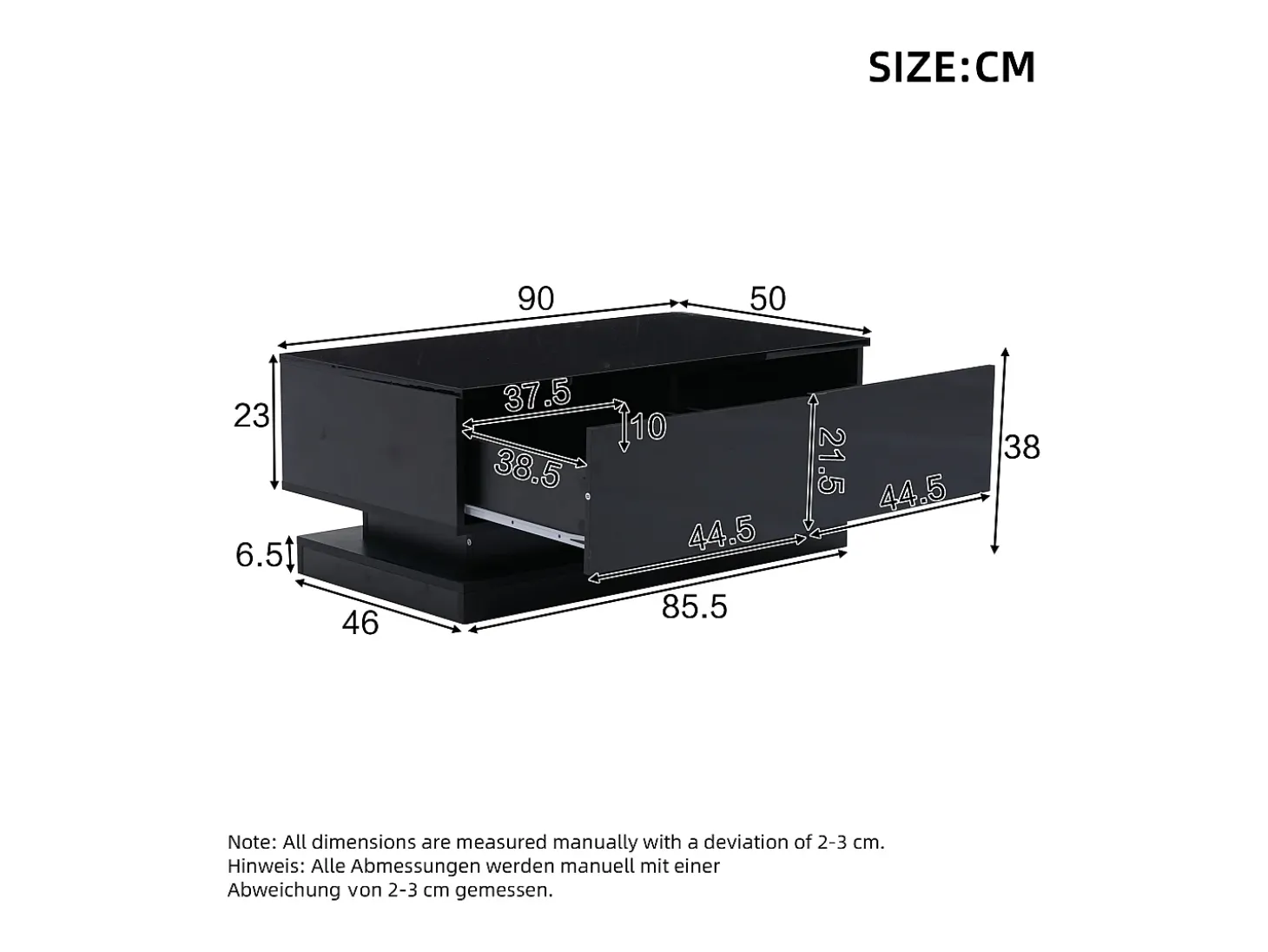 Mesa de centro rectangular 90x50x38cm con 2 cajones, LED incluido, cuerpo en lacado negro brillo