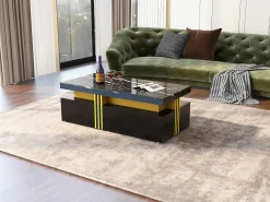 Mesa de centro rectangular con 2 cajones - 100x50x40 cm - tablero de partículas - tapa de mármol, para salón - negro