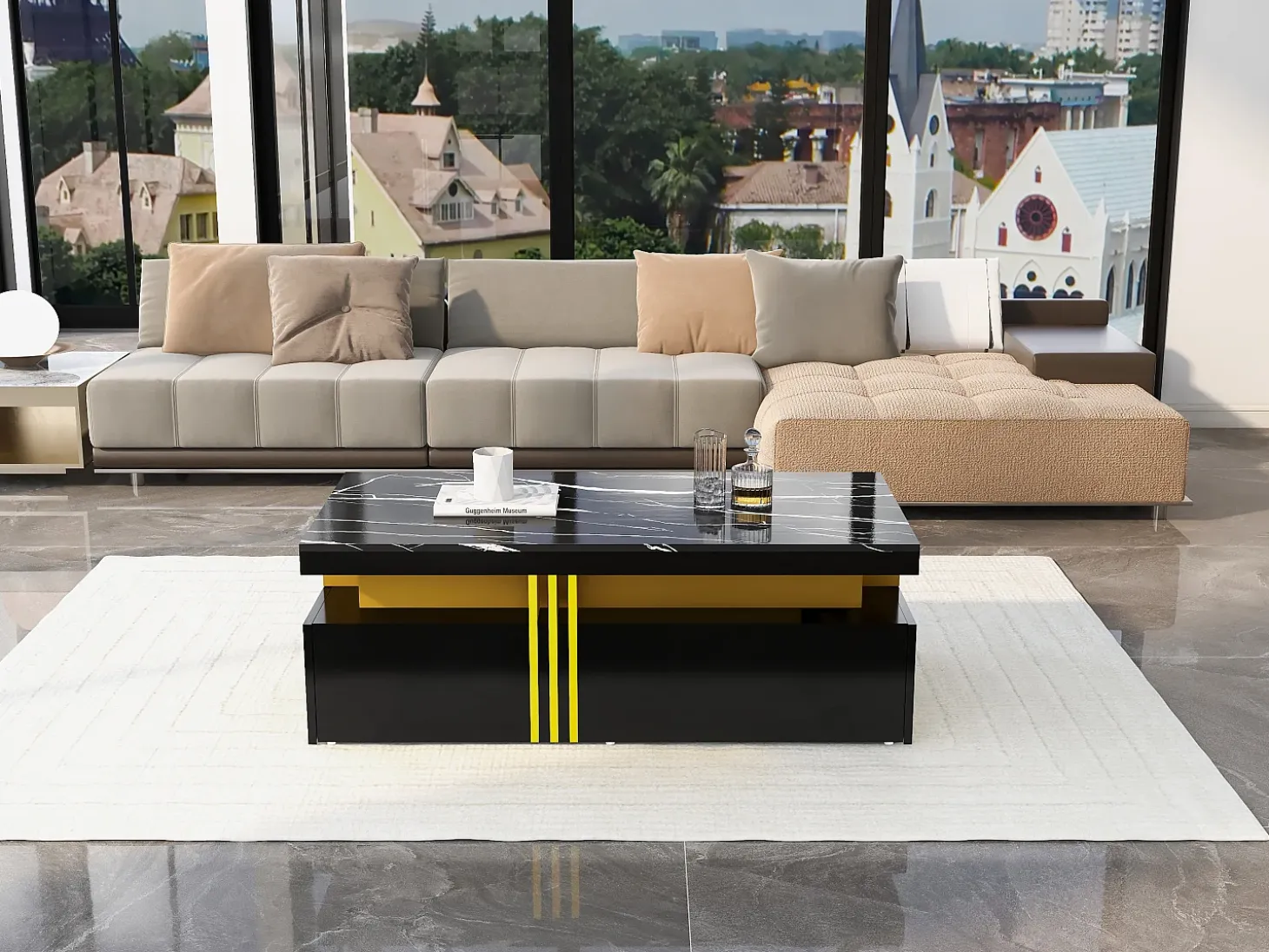 Mesa de centro rectangular con 2 cajones - 100x50x40 cm - tablero de partículas - tapa de mármol, para salón - negro