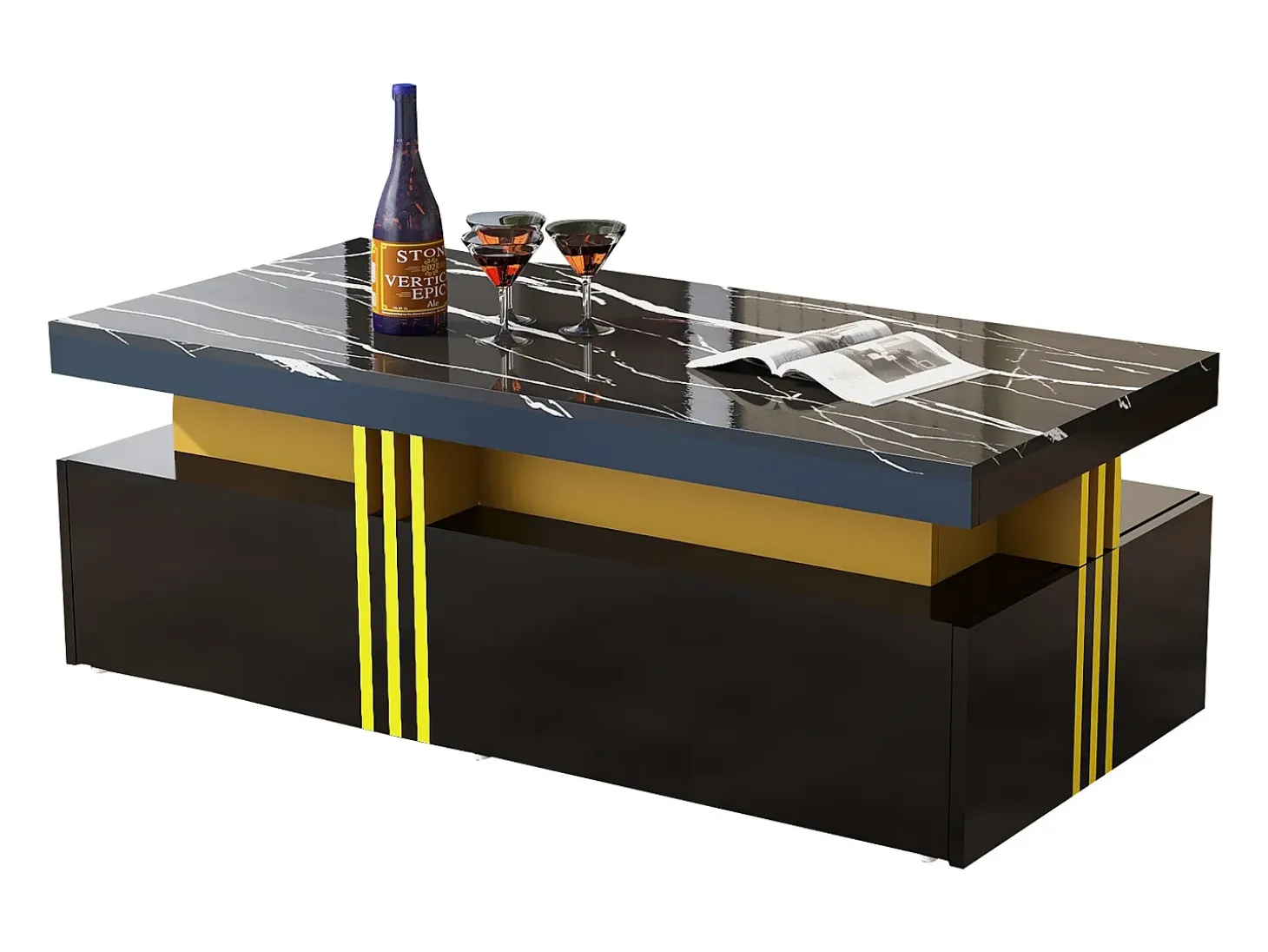 Mesa de centro rectangular con 2 cajones - 100x50x40 cm - tablero de partículas - tapa de mármol, para salón - negro