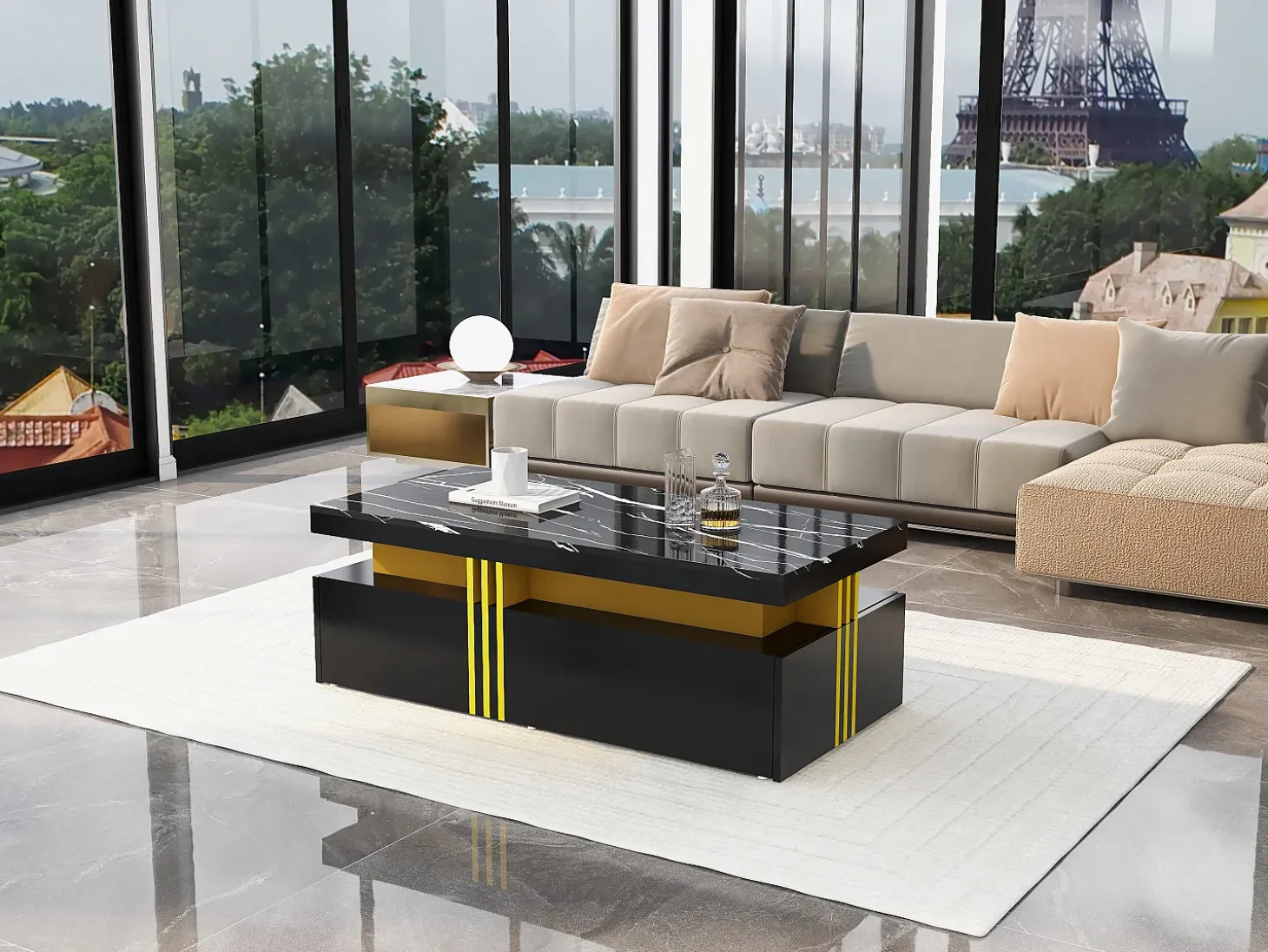 Mesa de centro rectangular con 2 cajones - 100x50x40 cm - tablero de partículas - tapa de mármol, para salón - negro