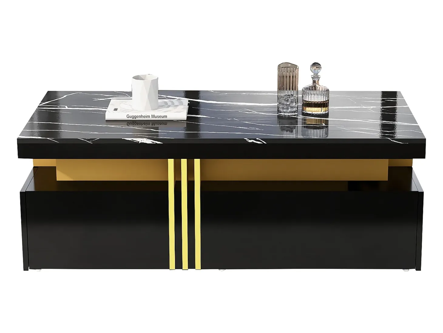 Mesa de centro rectangular con 2 cajones - 100x50x40 cm - tablero de partículas - tapa de mármol, para salón - negro