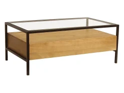 Mesa de centro rectangular con almacenaje de madera maciza de mango, cristal y metal negro 100 cm SITA