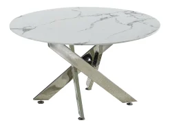 Mesa de centro redonda - Cristal templado efecto mármol blanco - Metal plateado - CHIARA