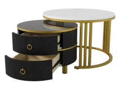Mesa de centro redonda 2 en 1 - 70 x 70 x 46 cm + Mesa de centro con 2 cajones, 50 x 50 x 40 cm - MDF negro