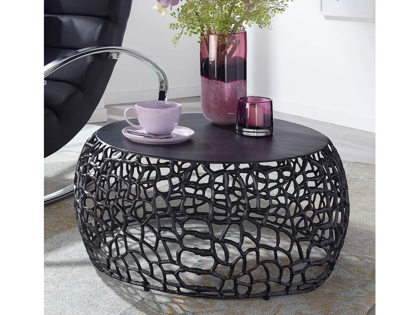 Mesa de Centro Redonda Aluminio Negro 66x66x30 cm Metal | Mesa Auxiliar para Salón Moderna | Mesita Café Pequeña para Sofá